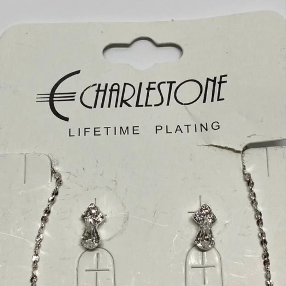 Charlestone Jewelry Set‎ Necklace and Earrings Silvertone Lifetime Plating NWT